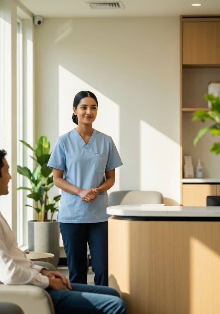 Receptionist at a modern Indian dental clinic checking the day's appointments
