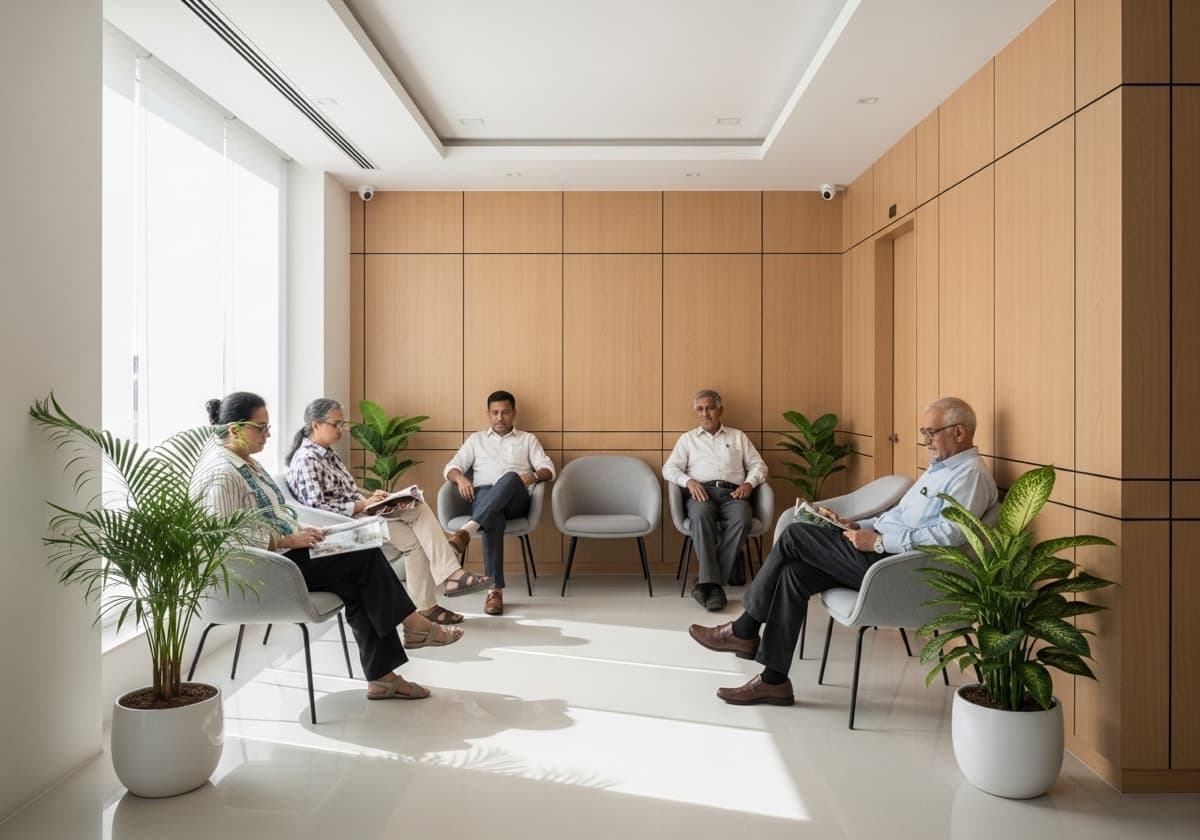Patients relaxed in a calm clinic waiting area