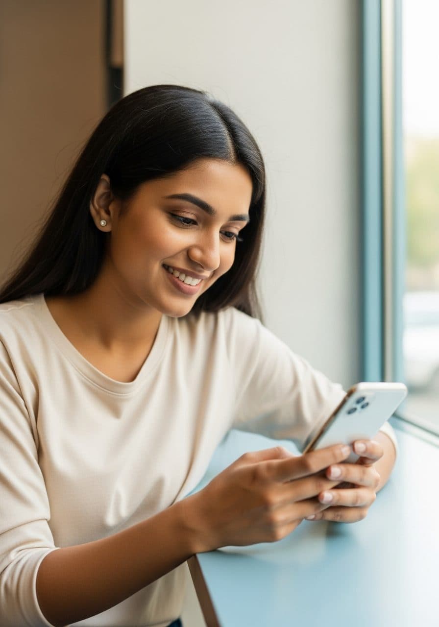 A patient smiling while reading a WhatsApp appointment reminder on her phone